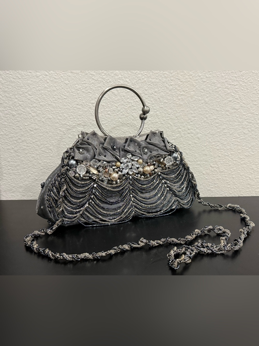 Mary Francis Embellished Evening Clutch Handbag in Silver Gray